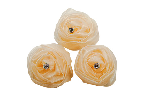 2" Ivory Rolled Organza  Flowers with Clear Rhinestone - Pack of 120