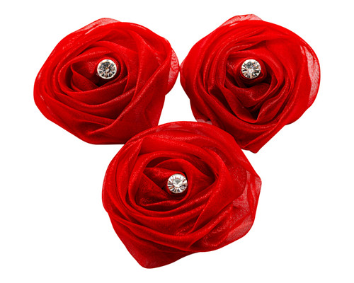 2" Red Rolled Organza  Flowers with Clear Rhinestone - Pack of 120