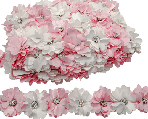 2"x 10 yards Pink and White 3D Satin Flower Trim with Diamond Center