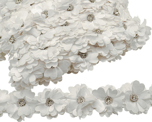 2"x 10 yards White and White 3D Satin Flower Trim with Diamond Center