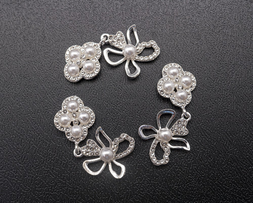 1 3/4"x 3/4" Silver Flower Rhinestone Flat Back Metal Charm - Pack of 12