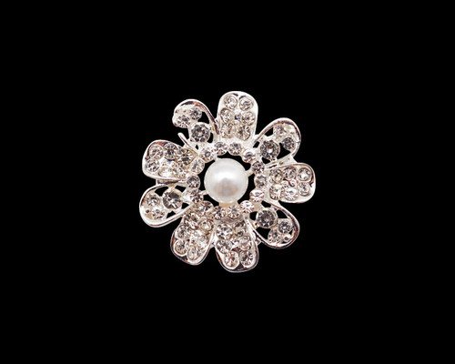 1" Silver Flower Rhinestone Flat Back Metal Charm - Pack of 12