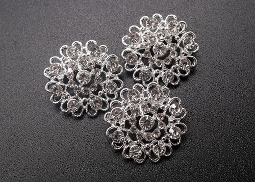 1 1/4" Silver Round Floral Brooch with Clear Rhinestones - Pack of 12