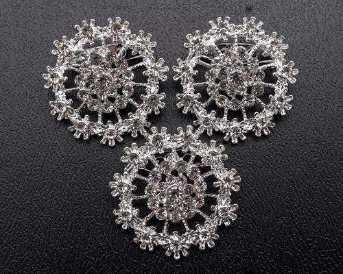 1 1/4" Silver Round Rhinestone Flower Brooch - Pack of 12