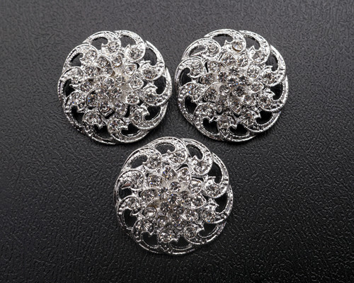 1 1/8" Silver Round Brooch with Clear Rhinestones - Pack of 12