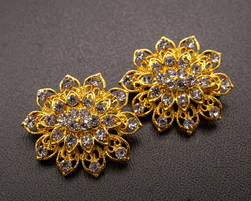 1 3/8"x 1 1/4" Yellow Gold Flower Brooch with Clear Rhinestones - Pack of 12