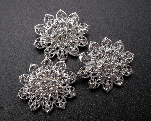 1 3/8"x 1 1/4" Silver Flower Brooch with Clear Rhinestones - Pack of 12