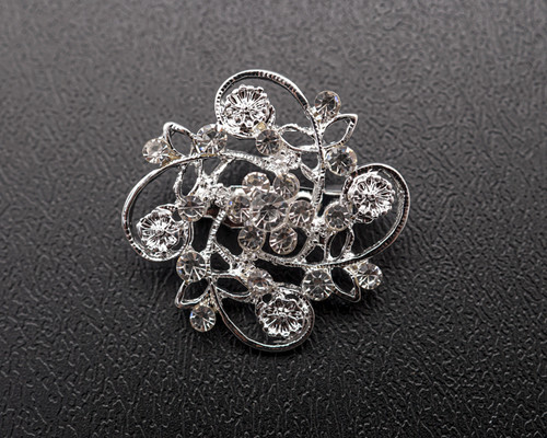 1 3/8" Silver Brooch with Clear Rhinestones - Pack of 12 1 3/8" Silver Brooch with Clear Rhinestones - Pack of 12
