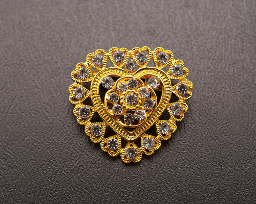 1 1/4" Yellow Gold Heart Brooch with Clear Rhinestones - Pack of 12