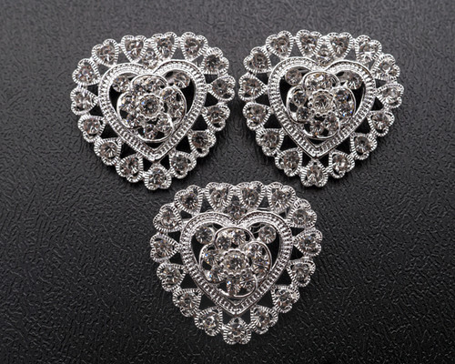 1 1/4" Silver Heart Brooch with Clear Rhinestones - Pack of 12