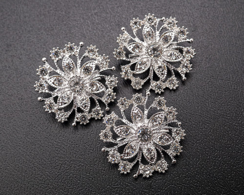 1 1/4" Silver Round Flower Crystal Rhinestone Brooch Pin  - Pack of 12