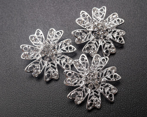1 1/4" Silver Flower Brooch with Clear Rhinestones - Pack of 12
