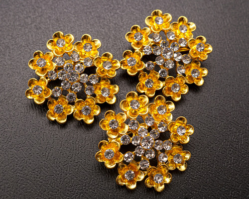 1 3/8" Yellow Gold Flower Brooch with Flowers and Clear Rhinestones - Pack of 12