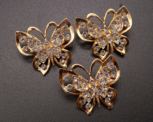 1 1/2"x 1 1/4" Old Gold Butterfly Brooch with Clear Rhinestones - Pack of 12