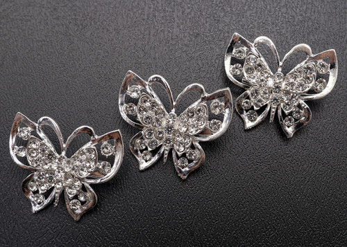 1 1/2"x 1 1/4" Silver Butterfly Brooch with Clear Rhinestones - Pack of 12
