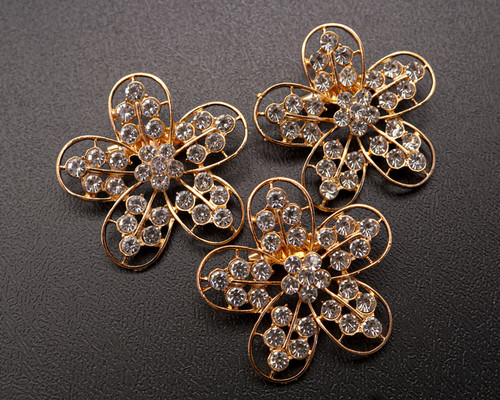 1 5/8" Old Gold Flower Brooch with Clear Rhinestones - Pack of 12