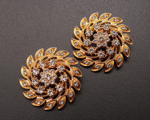 1 3/4" Old Gold Round Crystal Rhinestone Brooch  - Pack of 12