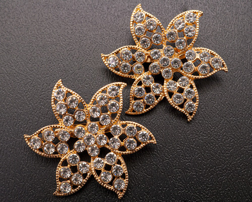 1 7/8" Old Gold Flower Brooch with Clear Rhinestones - Pack of 12