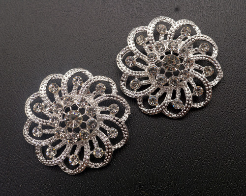 1 3/4"x 1 3/4" Silver Round Brooch with Clear Rhinestones - Pack of 12