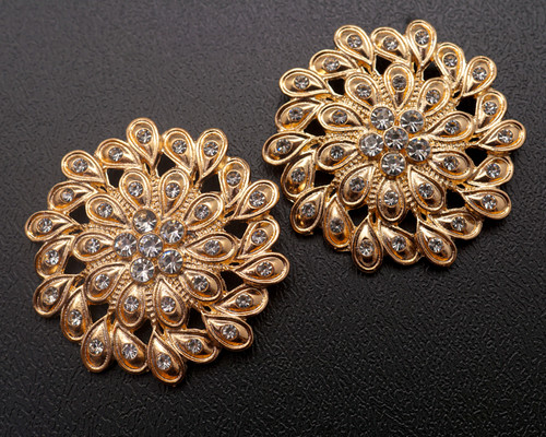 1 3/4" Old Gold Round Brooch with Clear Rhinestones - Pack of 12