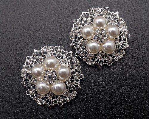 1 1/4" Silver Round Rhinestone Faux Pearl Brooch Pin - Pack of 12