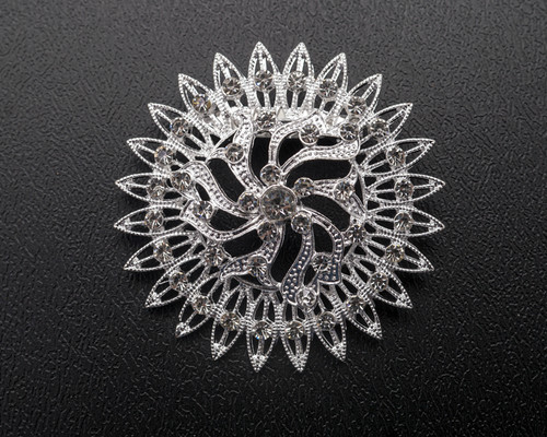 2 1/8" Silver Flower Brooch with Clear Rhinestones - Pack of 12