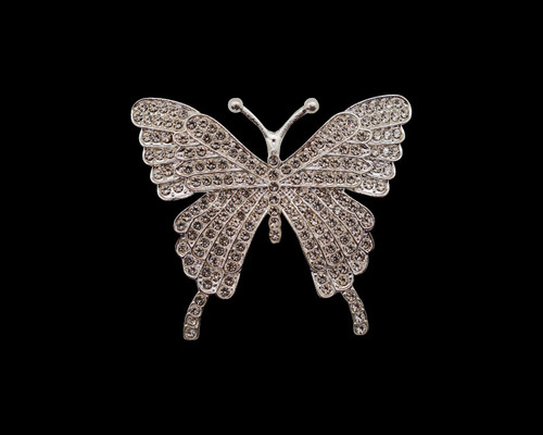 1 3/4"x 1 1/2" Silver Butterfly Brooch with Clear Rhinestones - Pack of 12