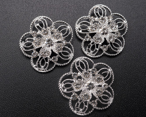 1 1/2" Silver Flower Brooch with Clear Rhinestones - Pack of 12 1 1/2" Silver Flower Brooch with Clear Rhinestones - Pack of 12