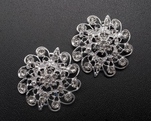 2" Silver Flower Brooch with Clear Rhinestones - Pack of 12 2" Silver Flower Brooch with Clear Rhinestones - Pack of 12