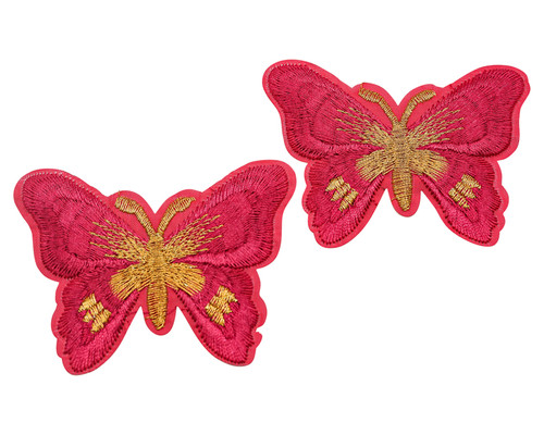 3"x 2 1/4" Fuchsia / Gold Embroidery Heat Transfer Iron On Butterfly Patch- Pack of 72