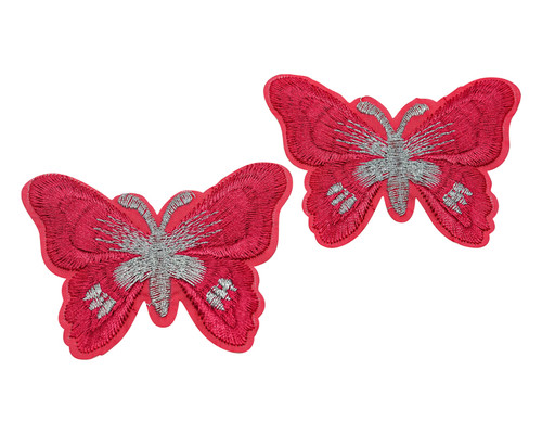 3"x 2 1/4" Fuchsia / Silver Embroidery Heat Transfer Iron On Butterfly Patch- Pack of 72
