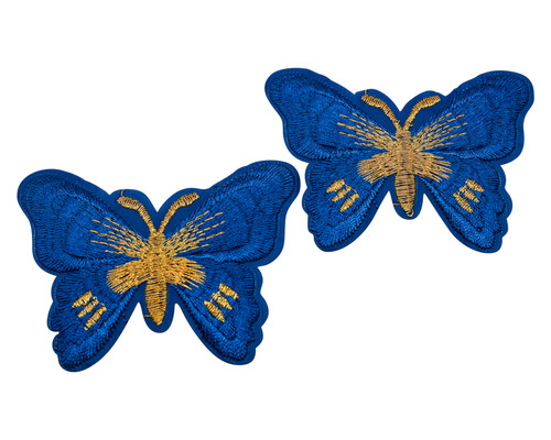 3"x 2 1/4" Royal Blue / Gold Embroidery Heat Transfer Iron On Butterfly Patch- Pack of 72