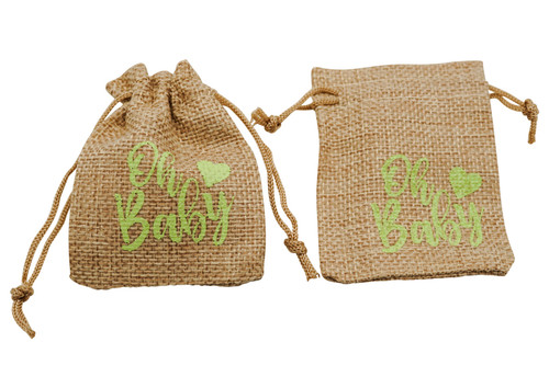 3"x4" Green Printed "Oh Baby" Brown Burlap Baby Shower Bag - Pack of 144