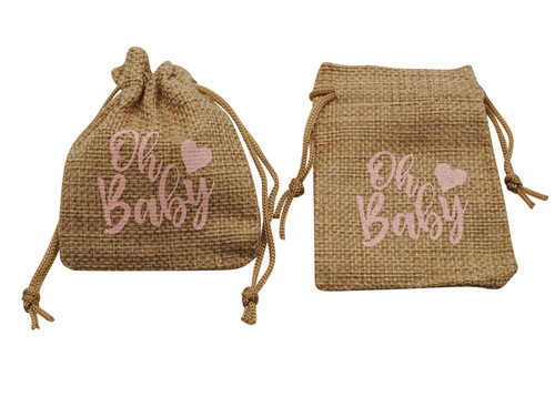 3"x4" Pink Printed "Oh Baby" Brown Burlap Baby Shower Bag - Pack of 144