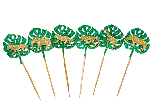 2"x 5 1/2" Green Gold Glitter Safari Animal Mix Monstera Leaf Cupcake Topper - Pack of 72
