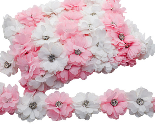 2"x 10 yards Pink and White 3D Flower Rhinestone Organza Trim
