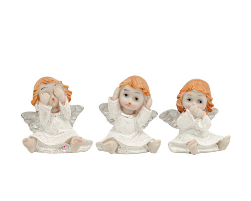 2 1/4" Tall White Dress Silver Wings Hear No Evil / See No Evil  / Speak No Evil Poly Resin Angels - Set of 6 Figurines