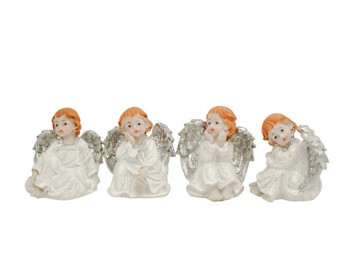 2 3/4" Tall White dress Silver Wings Sitting Poly Resin Angels - Set of 4 Figurines