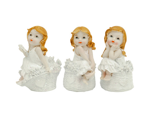 4" Tall White Dressed Sitting on White Basket Poly Resin Angel - Set of 3 Figurines