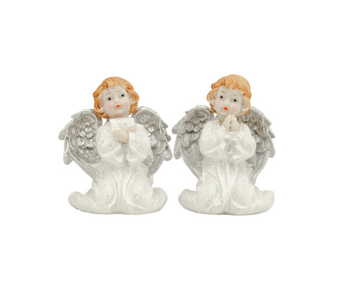 4 1/4" Tall White Dressed Silver Winged Kneeling Poly Resin Angels - Set of 2 Figurines