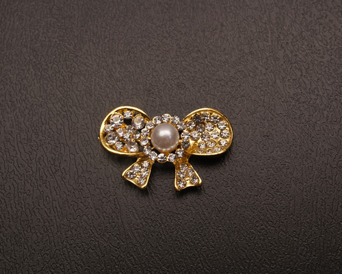 1 1/4"x 7/8" Gold Blinged Fashion Bow-Tie Pearl Dainty Charm Brooch - Pack of 12