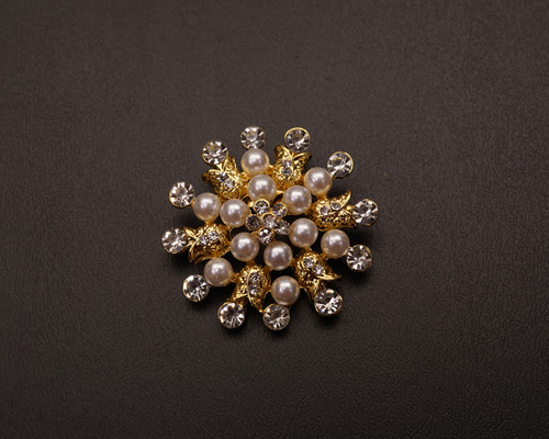 2" Gold Flower Brooch with Clear Rhinestones and White Faux Pearl - Pack of 12