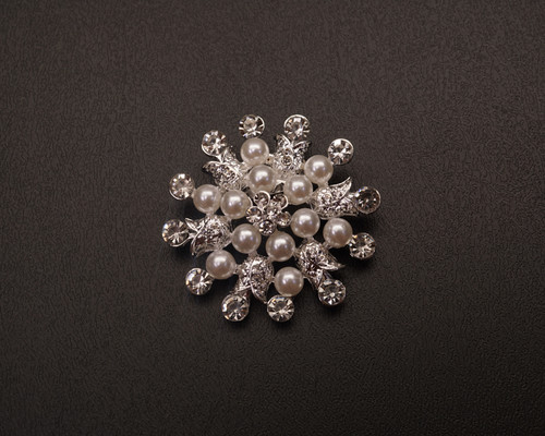 2" Silver Flower Brooch with Clear Rhinestones and White Faux  Pearl - Pack of 12