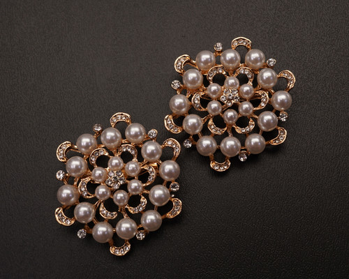 2" Old Gold Flower Brooch with White Faux Pearls and Clear Rhinestones - Pack of 12