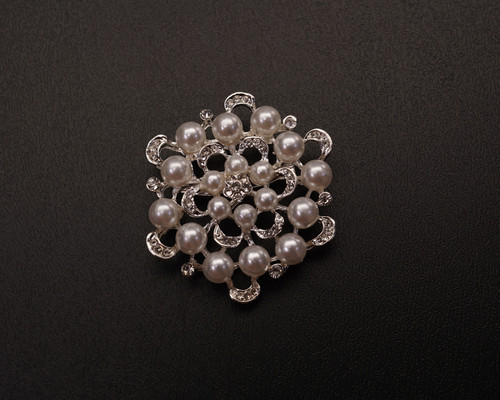 2" Silver Flower Brooch with White Faux Pearl and Clear Rhinestones - Pack of 12