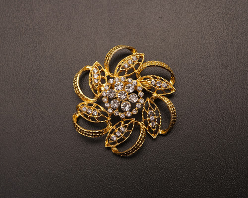 2 3/8" Gold Decorative Flower Brooch with Clear Rhinestones - Pack of 12