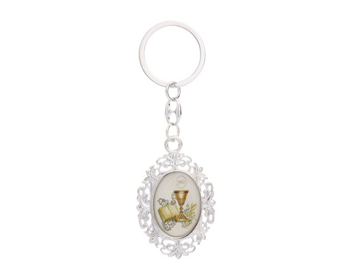 4" Silver Vintage Frame JHS First Communion Keychain - Pack of 12