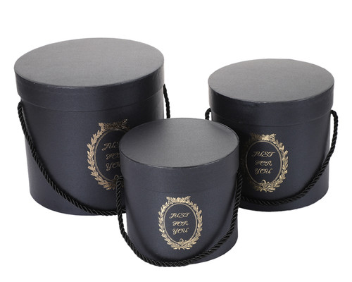 Black Round Nested Floral Cardboard Boxes with Handle - Set of 3