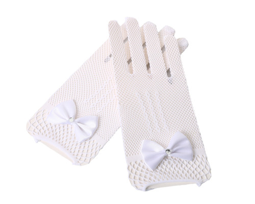 White 8-12 Years Old Kids Bow Net Gloves Wrist Length - Pack of 12 Pairs
