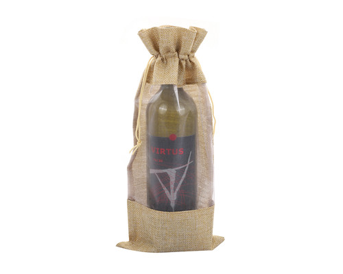 14.5" Champagne Linen Bottle Gift Holder Bag with Front Clear Window - Set of 12 Bags